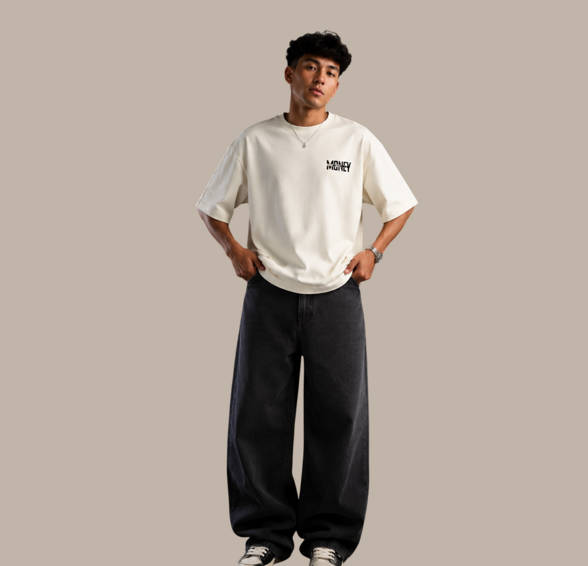 "MONEY" Typography Back-Print Oversized T-Shirt - Off-White