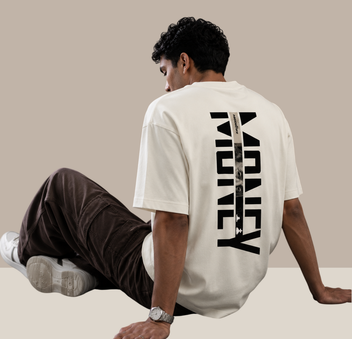 "MONEY" Typography Back-Print Oversized T-Shirt - Off-White