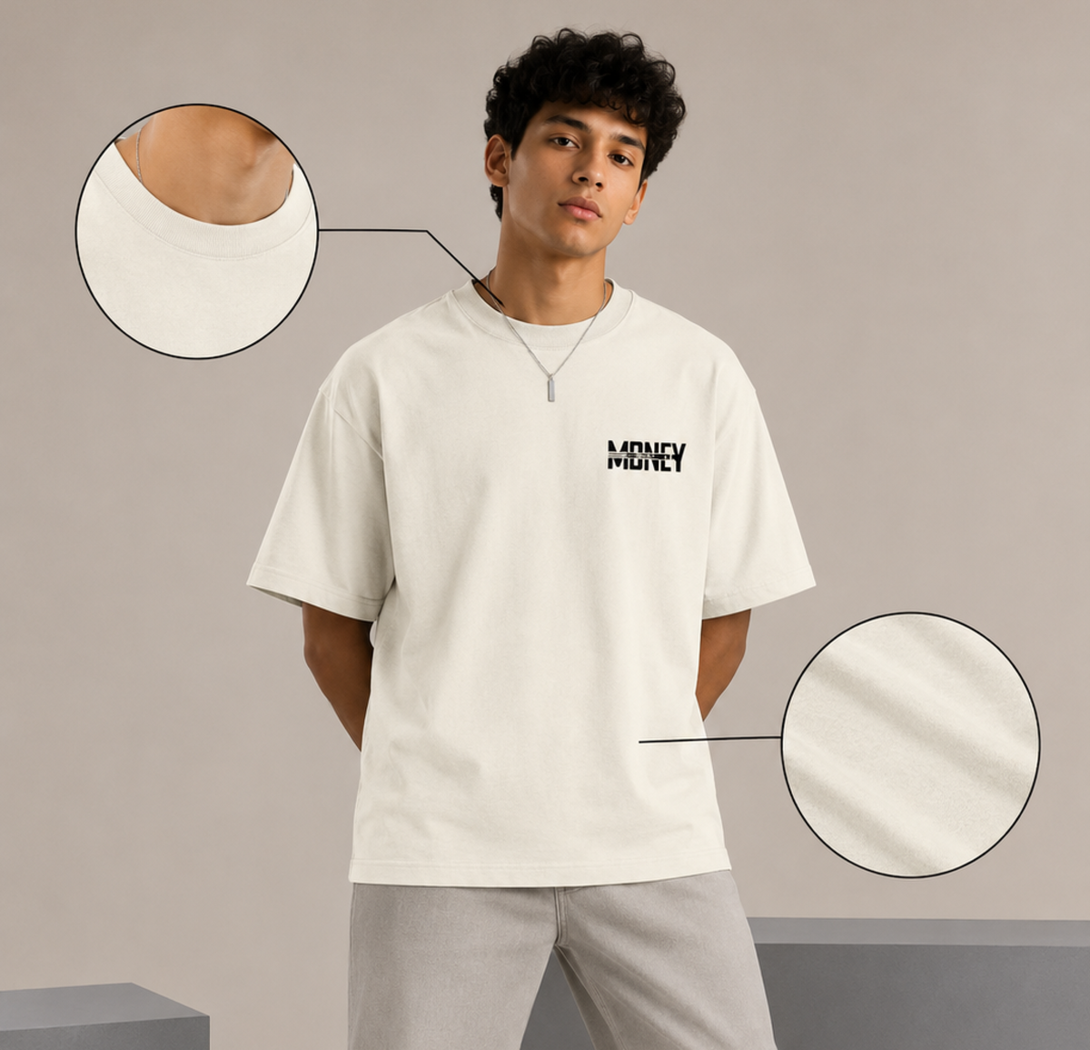 "MONEY" Typography Back-Print Oversized T-Shirt - Off-White