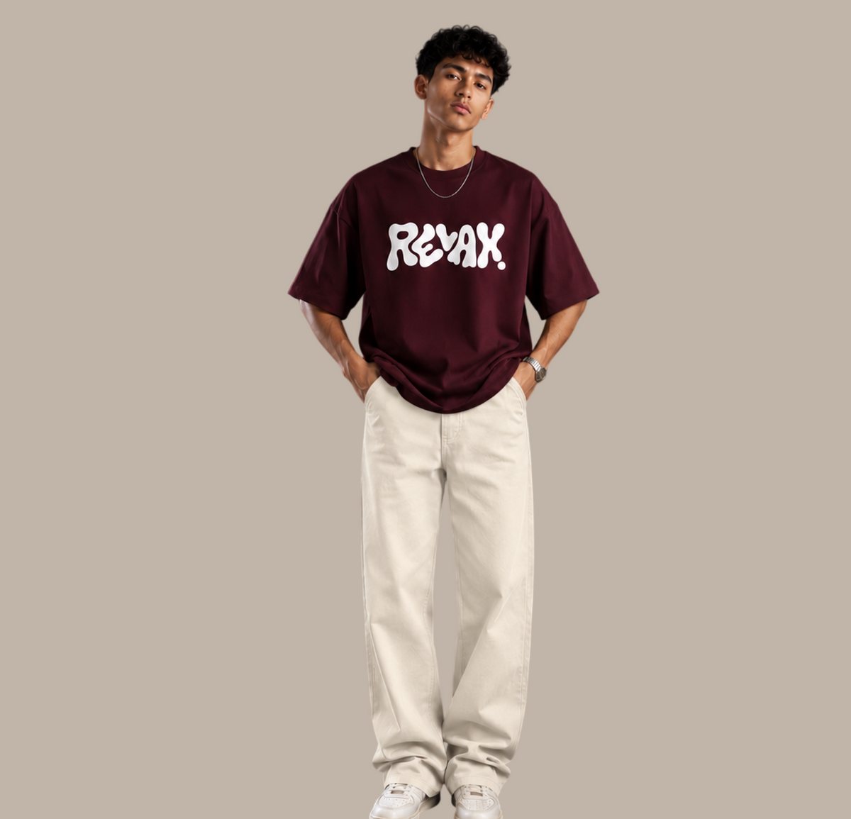 Heavyweight Streetwear "RELAX" Oversized Tee - Wine Red