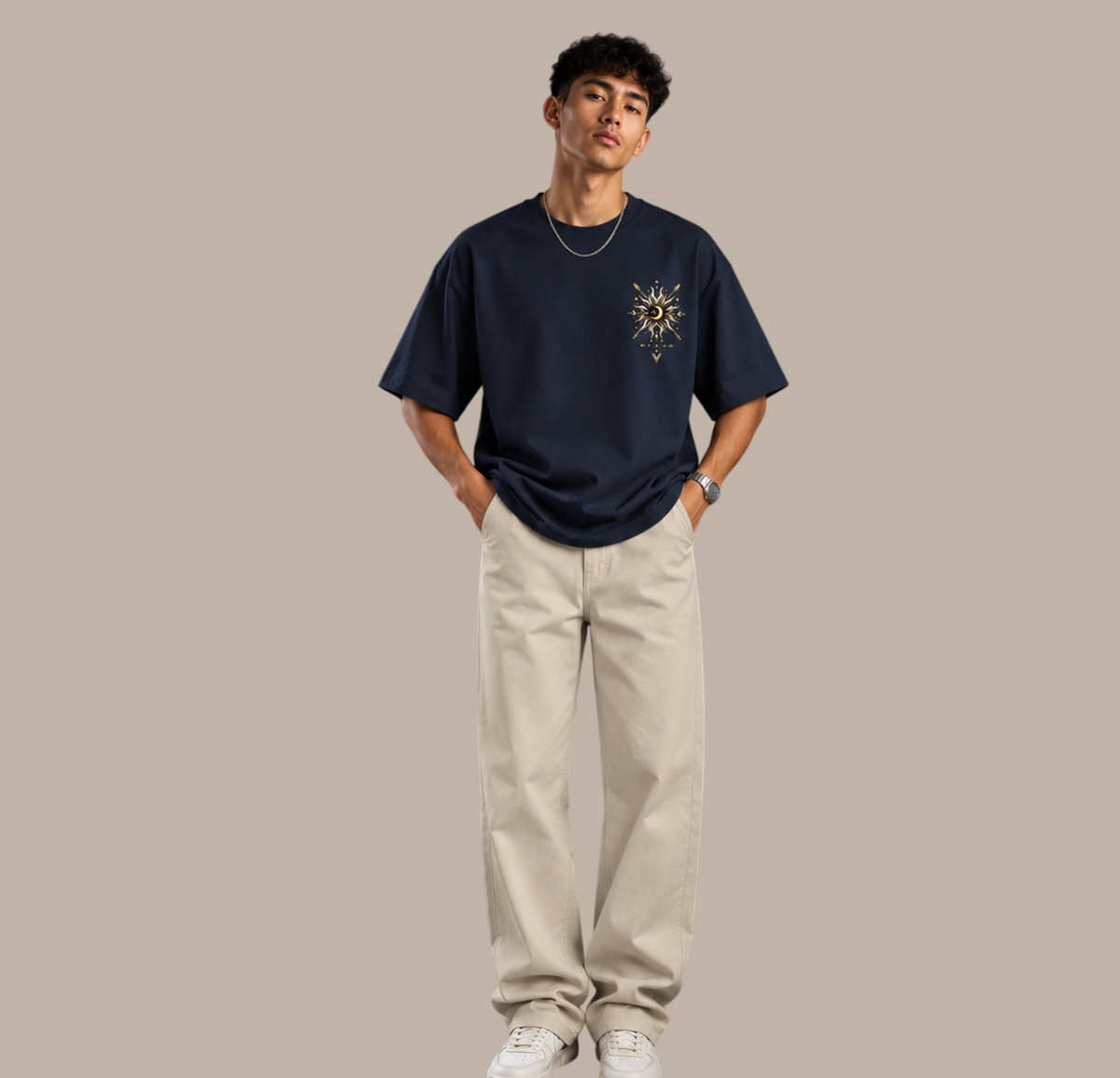 Mystical Astrology Graphic Oversized Streetwear Tee - Navy Blue